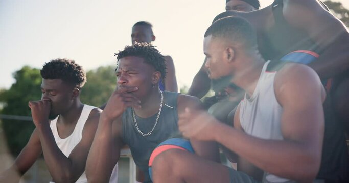 Loss, men or basketball friends outdoor with fail or mistake of players on community court. Group or team of male athletes reaction to bad game, injury or foul and accident in sports competition