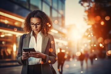 Outdoor, business and woman with cellphone, typing and contact with mobile user, lens flare and social media