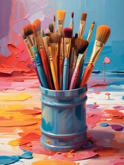 Fototapeta premium World art day template April 15th, painting brushes colour palette background, artistic banner, copy space area