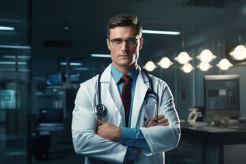 A doctor in a lab coat with a superhero cape, symbolizing the heroic efforts of healthcare professionals. Concept of dedication in healthcare. Generative Ai.