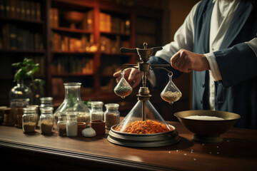 A pharmacist weighing ingredients on an old-fashioned scale, representing the precision in medication formulation. Concept of meticulousness in pharmacy. Generative Ai.