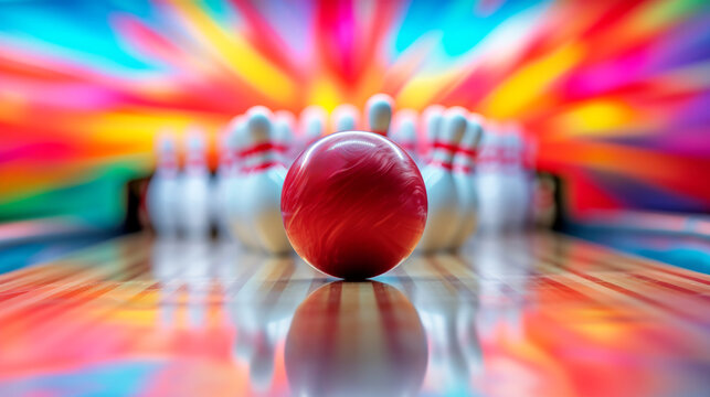 Bowling alley with neon lights and bowling ball in the middle of the alley. bowling ball ready to roll on a bowling lane with 10 pins in the background. Bowling ball put on alley with blurred bowling 