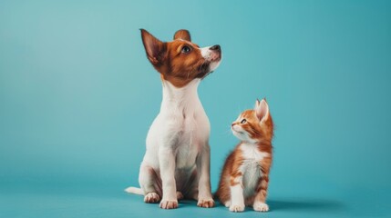 cute jack Russel dog and red cat isolated on blue background. - obrazy, fototapety, plakaty