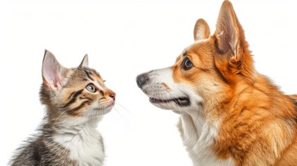 Cute dog corgi and cat isolated on white background.