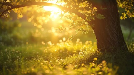 Naklejka na ściany i meble sun shining through trees, golden hour, generated with AI