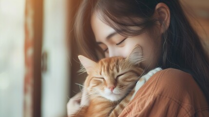 Beautiful young asian woman holding her ginger cat at home.