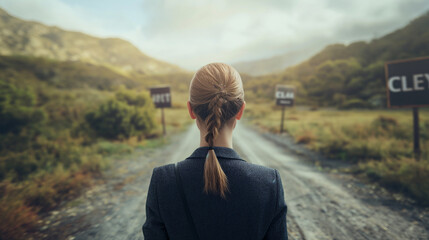 Woman Standing on a Dirt Road in Front of a Sign - obrazy, fototapety, plakaty