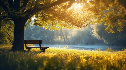 Naklejka premium A bench under the tree next to water, golden hour, generated with AI