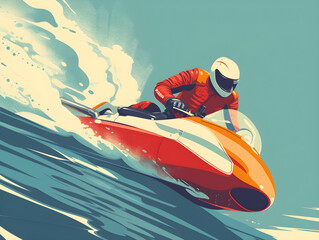 Vintage Style Jet Ski Adventure Illustration - Person Riding Waves with Determination and Focus, Retro Poster Design in Blue, White, Orange, Red | Concept of Freedom & Excitement
