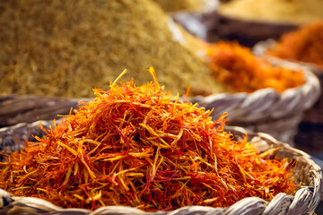 An enticing display of premium quality saffron in a spice market