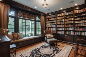 Sophisticated home library with classic books and a cozy reading nook