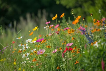 Wildflower meadow in full bloom with a variety of colorful flowers