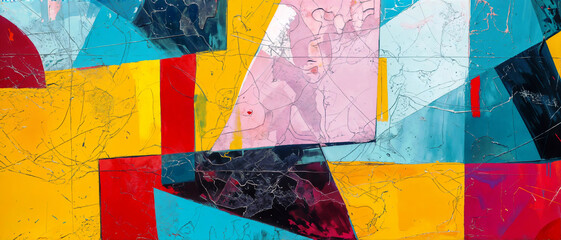 Vibrant Abstract Geometric Shapes with Textured Cracks on Modern Art Canvas