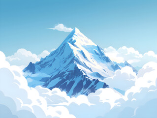Majestic Mountain Peak Digital Illustration with Serene Atmosphere, Cloud-Enveloped Base - Concept of Adventure, Tranquility, and Nature's Grandeur