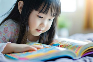 Young girl reading a children's bible with colorful illustrations