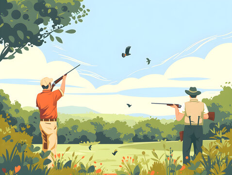 Active Hunters Engaged in Sport Shooting Exercise - Outdoor Adventure Scene with Man Throwing Clay Pigeon and Companion Aiming Shotgun, Concept of Teamwork, Precision, and Leisure Activities