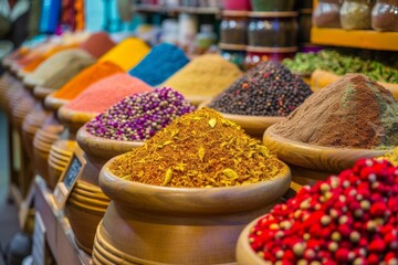 Exotic spice market with colorful spices and vibrant atmosphere