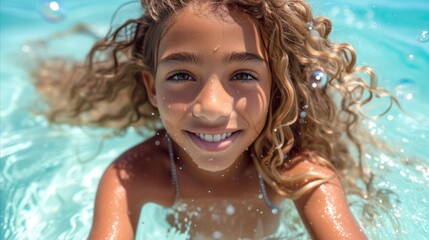 Fototapeta na wymiar Joyful Young Girl Swimming in Clear Blue Pool Water