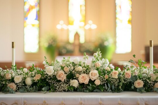 Fresh floral arrangement surrounding a simple church altar for a wedding