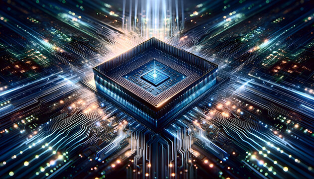 Zukunft der Computertechnik: Ein Mikroprozessorchip, der mit Transistoren und Schaltkreisen die digitale Revolution antreibt.