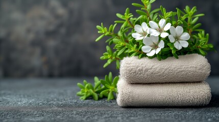 Fresh White Blossoms on Stacked Spa Towels Against Textured Background