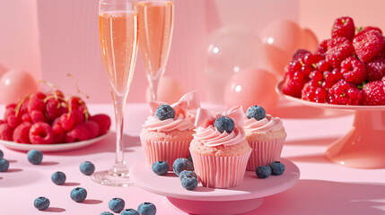 Delicious cupcakes with blueberries, raspberries and drink on pink background