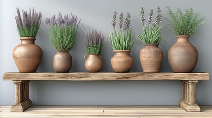 Row of Vases With Plants on Wooden Shelf