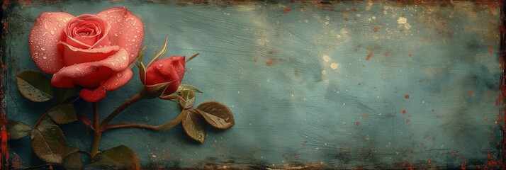 Baner róży kształtu serca na tle starego drewna z odchodzącą farbą niebieską. Styl retro vintage