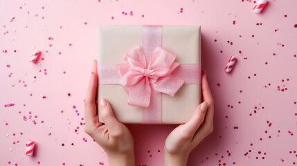 Woman hands holding present box with pink bow on pastel pink background