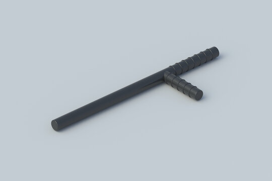 Defence tool. Policeman ammunition. Security accessories. Police baton on gray background. 3d render
