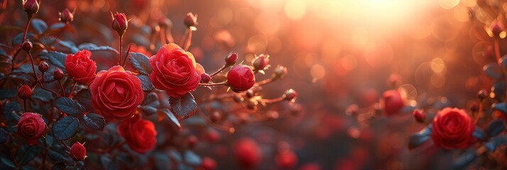 Baner czerwonych kwitnacych krzewów róż - obrazy, fototapety, plakaty