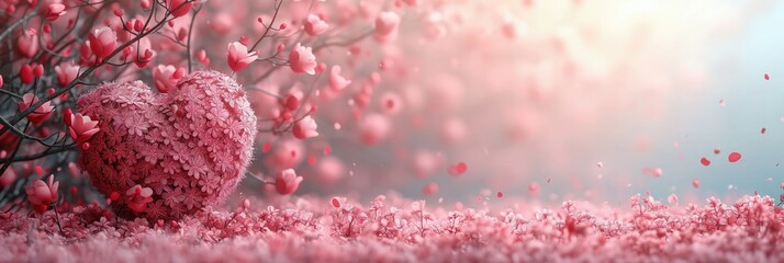Baner z różowymi kwiatami rozsypanymi na ziemi, romantyczne atmosferę miłości podczas Walentynek. - obrazy, fototapety, plakaty