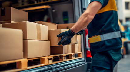 Transportista de mercancías sacando cajas de carton de una furgoneta de reparto
