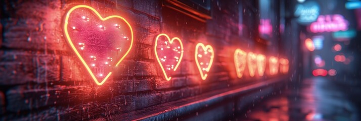 Baner rzędu neonowych serc umieszczony na bocznej ścianie z cegieł budynku podczas Walentynek, przedstawiający kochanie oraz romans. - obrazy, fototapety, plakaty