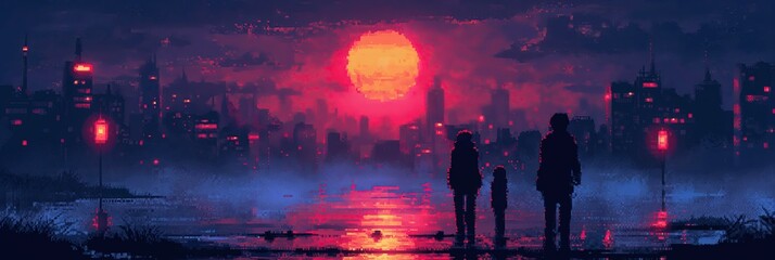 Baner pikselowy pary rodziców i dziecka, rodziny, patrzą na zachód słońca nad miastem