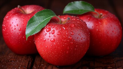 Three Red Apples With Green Leaves and Water Droplets