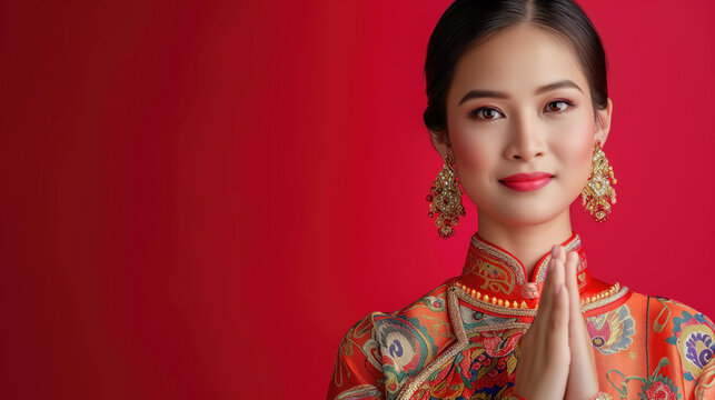 Beautiful young Thai woman in traditional costume gives wai greetings with her hands on a red background with copy space in a studio light