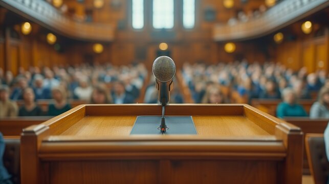 Microphone on Podium Overlooking Audience in Lecture Hall