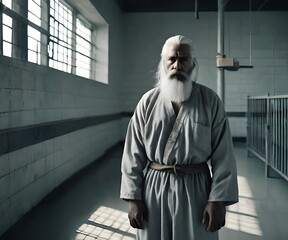 a death row inmate with long white hair and a beard in a jail or prison