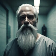 a death row inmate with long white hair and a beard in a jail or prison