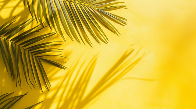 Minimal modern product display on yellow background with fresh palm leaves and shadows.