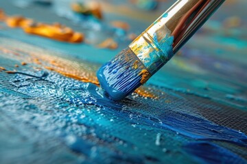 A close-up of a paintbrush with vibrant blue acrylic paint being applied to a textured canvas,...