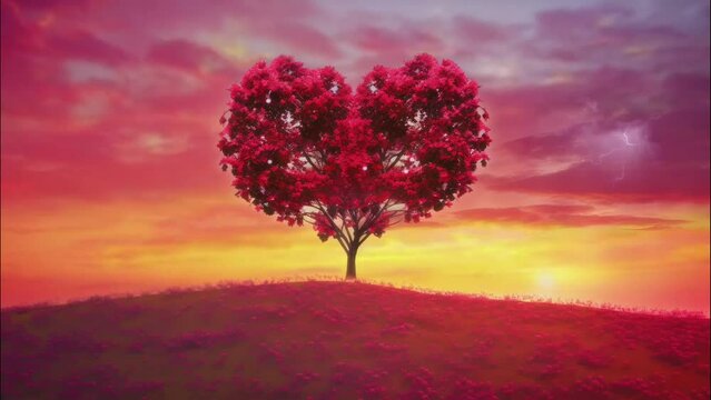 Tree of love in spring. Red heart shaped tree at sunset,with dramatic skies. Beautiful landscape with flowers.Love background with copy space.looping time-lapse virtual video animation background