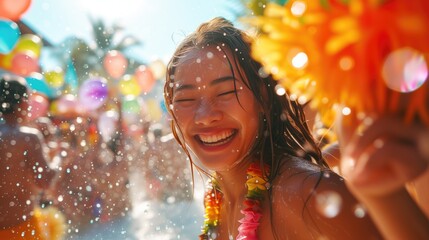 Happy young Thai woman has fun and splashing water at Songkran festival in Thailand