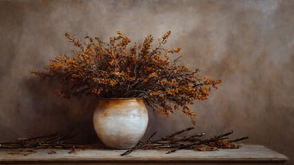 plant stems oil painting, old vase, watercolor, oil painting for printing, painting on canvas, beautiful view