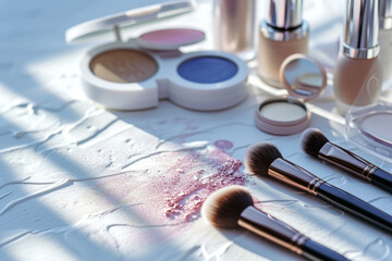 Makeup cosmetics, brushes and other essentials. Beauty concept. Generative AI