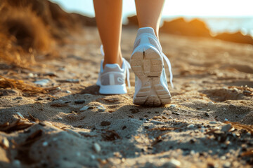 Woman in running shoes on the beach. Workout and training to start a run. Generative AI