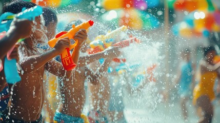 Thai children pour water from toy water guns in sunshine at the Songkran festival 