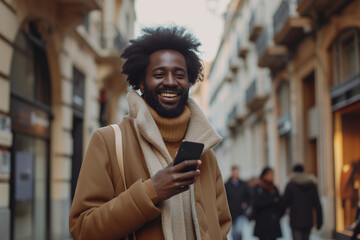 A black man walking on the street while using his cell phone. Lifestyle Concept