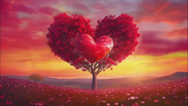 Tree of love in spring. Red heart shaped tree at sunset,with dramatic skies. Beautiful landscape with flowers.Love background with copy space.looping time-lapse virtual video animation background